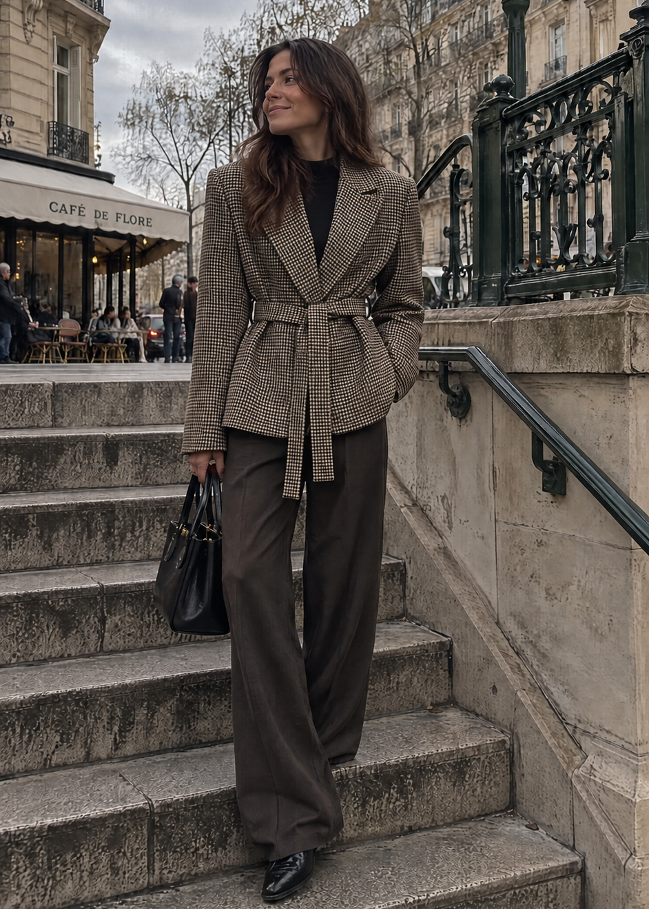 Woman wearing the belted Brock houndstooth blazer with dark wide-leg trousers and a black handbag on stone steps.