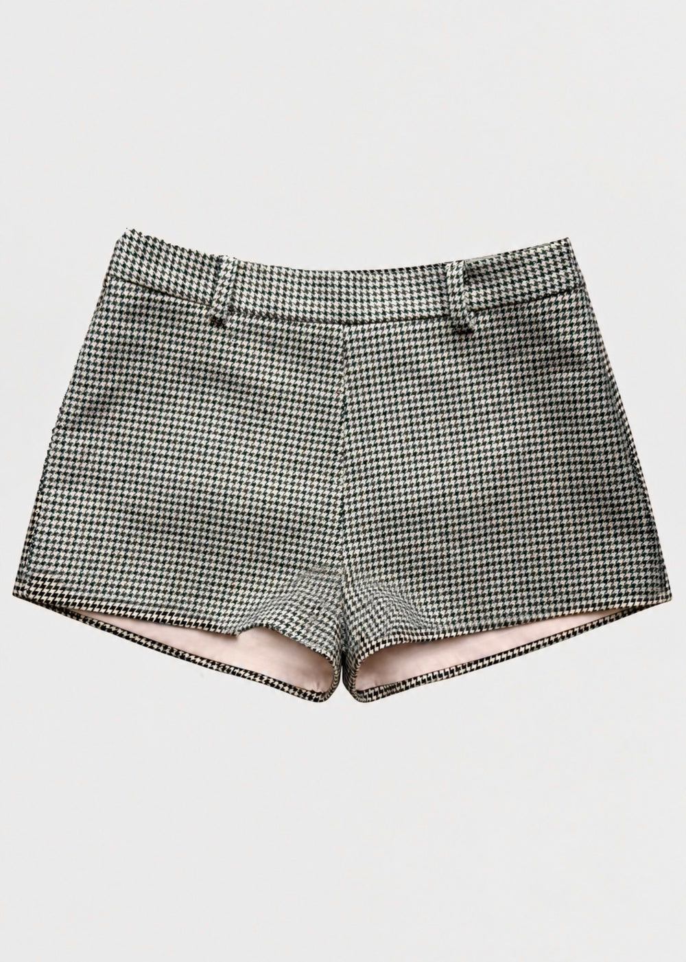 Brock houndstooth shorts laid flat showing the waistband, leg openings and lining at the hems
