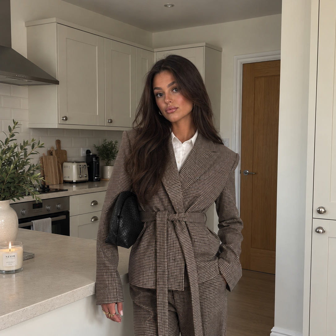 Woman wearing the belted Brock houndstooth blazer with matching trousers and a white shirt in a kitchen.
